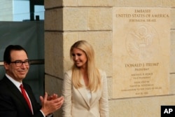 FILE - U.S. President Donald Trump's daughter Ivanka Trump, right, and U.S. Treasury Secretary Steve Mnuchin attend the opening ceremony of the new U.S. embassy in Jerusalem, May 14, 2018.