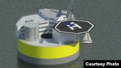 Illustration of possible configuration of floating offshore nuclear plant, based on design work by Jacopo Buongiorno and others at MIT's Department of Nuclear Science and Engineering. (Courtesy: Jake Jurewicz/MIT-NSE)