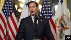 Secretary of State Marco Rubio speaks after being sworn in by Vice President JD Vance in the Vice Presidential Ceremonial Office in the Eisenhower Executive Office Building, Jan. 21, 2025, in Washington.