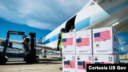 La foto muestra parte del lote de vacunas Pfizer llegadas desde EE. UU. a Bahamas el 12 de agosto de 2021. [Foto: Cortesía del Gobierno de EE. UU.]