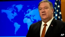 រដ្ឋមន្រ្តី​ការបរទេស​អាមេរិក​លោក Mike Pompeo ថ្លែងនៅក្នុង​ថ្ងៃផ្សព្វផ្សាយ​របាយការណ៍​ស្តីពី​ការអនុវត្ត​សិទ្ធិមនុស្សឆ្នាំ២០១៨ នៅក្រសួងការបរទេស រដ្ឋធានីវ៉ាស៊ីនតោន ថ្ងៃទី១៣ ខែមីនា ឆ្នាំ២០១៩។ 