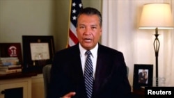 FILE - California Secretary of State Alex Padilla speaks by video feed during the 2020 Democratic National Convention, Aug. 20, 2020. 