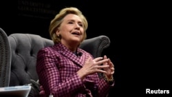 FILE - Former U.S. Secretary of State, Hillary Clinton speaks during an interview with Mariella Frostrup at the Cheltenham Literature Festival in Cheltenham, Britain, Oct. 15, 2017. 