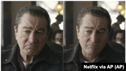 These photos show actor Robert De Niro, left, during the filming of "The Irishman" and the younger De Niro created by visual effects expert Pablo Helman.