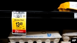 FILE - A nearly empty shelf of free-range eggs is seen at a Safeway grocery store on Jan. 27, 2025, in Seattle, Washington. The increasing cost of eggs contributed to U.S. inflation going up 3% in January over a year ago.