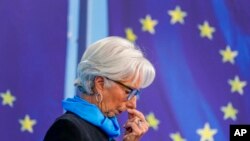 President of European Central Bank Christine Lagarde speaks during a press conference following the meeting of the governing council in Frankfurt, Oct. 28, 2021.
