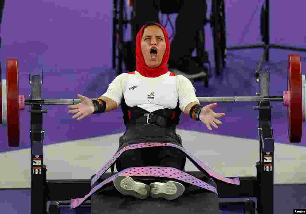 Enas Elgebaly Abdelaal Aggag of Egypt reacts during the women's 41kg powerlifting final in the Porte de la Chapelle Arena, Paris, France, during the Paris 2024 Paralympics.