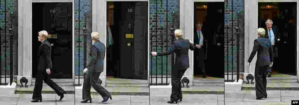 This combination of pictures created shows Lithuania's Prime Minister Ingrida Simonyte (L) reacting after walking past the door to 10 Downing Street, as Britain's Prime Minister Boris Johnson exits late to greet her, in central London ahead of their meeting.