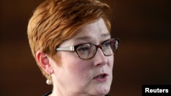 FILE - Australian Foreign Minister Marise Payne, pictured in January 2019, met with Lithuanian Foreign Minister Gabrielius Landsbergis on Feb. 9, 2022, and they agreed to step up cooperation on challenges rising from China's pressure on both countries.