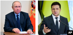 Kushoto, Rais wa Russia Vladimir Putin na Rais wa Ukraine Volodymyr Zelenskyy.