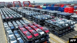 Mobil-mobil listrik BYD menunggu untuk dieskpor di terminal peti kemas internasional Pelabuhan Taicang di Pelabuhan Suzhou, di Provinsi Jiangsu, China timur (foto: ilustrasi). 