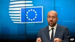 샤를 미셸 EU 상임의장이 2일 유럽 정상들이 벨라루스 제재에 합의한 후 기자회견을 했다.