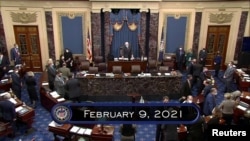 U.S. Senator Patrick Leahy (D-VT) wields the gavel to preside over and convene the U.S. Senate as it begins the second impeachment trial of former U.S. President Donald Trump, on charges of inciting the deadly attack on the U.S. Capitol, on the floor of the Senate chamber on Capi