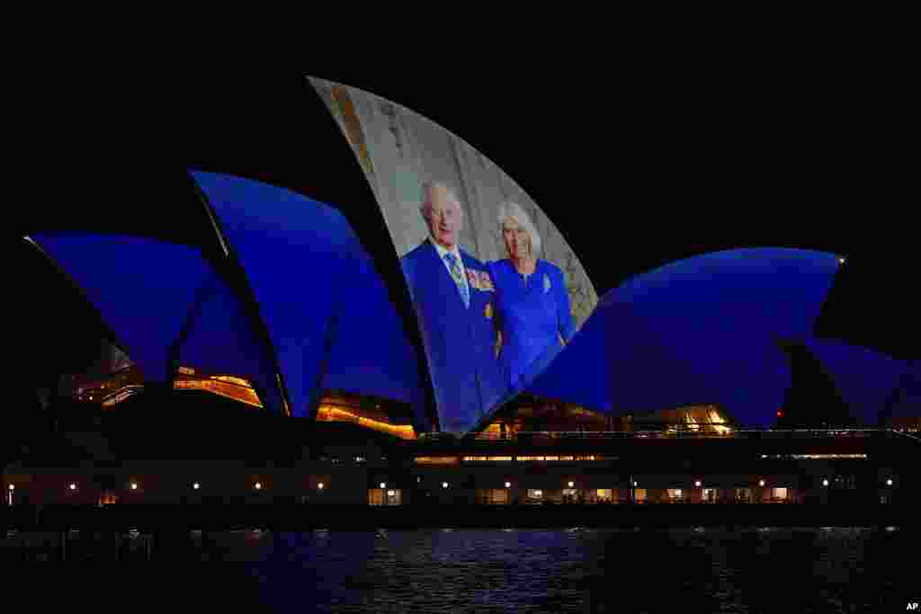 The Sydney Opera House sails show photos of Britain's King Charles and Queen Camilla soon after their arrival in Sydney, Australia.