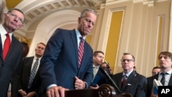 Senate Majority Leader John Thune speaks to reporters in Washington while Republicans work to pass an interim spending bill that would avoid a partial government shutdown, March 11, 2025. 