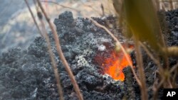 Lava glows from a vent on a lava bed at the Leilani Estates, May 5, 2018, in Pahoa, Hawaii. The Hawaiian Volcanoes Observatory said eight volcanic vents opened in the Big Island residential neighborhood of Leilani Estates since Thursday.