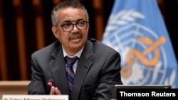 រូបឯកសារ៖ លោក Tedros Adhanom Ghebreyesus ប្រធាន​អង្គការ​សុខភាព​ពិភពលោក WHO ចូលរួម​ក្នុង​សន្និសីទ​សារព័ត៌មាន​នៅទីក្រុងហ្សឺណែវ។