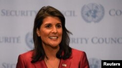 FILE - U.S. Ambassador to the United Nations Nikki Haley speaks during a news conference at U.N. headquarters in Manhattan, New York, Sept. 20, 2018. 