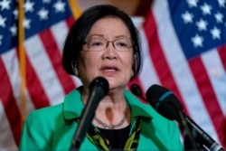 Sen. Mazie Hirono, D-Hawaii, speaks at a news conference after the Senate passes a COVID-19 Hate Crimes Act on Capitol Hill, April 22, 2021, in Washington.