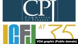 Amblemi stranih novinarskih udruženja Komiteta za zaštitu novinara (CPJ) i Međunarodnog centra za novinare (ICFJ), ilustrativna fotografija