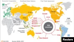 រូបឯកសារ៖ ផែនទី​បង្ហាញ​ប្រទេស​ជា​សមាជិក​នៃ​កិច្ចព្រមព្រៀង​ពាណិជ្ជកម្ម​ដៃគូ​ឆ្លង​មហា​សមុទ្រ​ប៉ាស៊ីហ្វិក TPP និង​​ប្រទេស​ដទៃទៀត​ដែល​ជា​សមាជិក​នៃ​កិច្ចព្រមព្រៀង​ពាណិជ្ជកម្ម​សាកល។