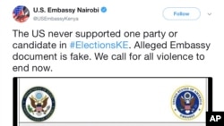 FILE - This Tweet from the U.S. Embassy in Nairobi from Aug. 14, 2017, calls out a alleged embassy document as being fake news. (U.S. Embassy Nairobi/Twitter via AP)