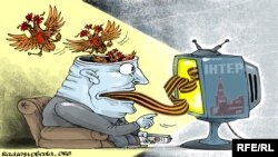 Karikatura koja predstavlja medijsko agitovanje (Autor: Олексія Кустовського, preuzeto sa radiosvoboda.org) 