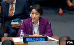 22일 미국 뉴욕 유엔본부에서 개최된 유엔총회 제1위원회 회의 중 윤성미 한국 군축회의 대표가 발언하고 있다. (화면출처: UNTV)