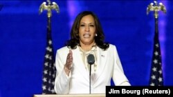 Democratic 2020 U.S. vice presidential nominee Kamala Harris speaks at their election rally in Wilmington