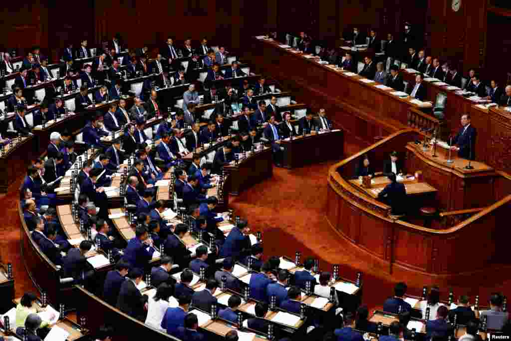 Japan's new Prime Minister Shigeru Ishiba gives his first policy speech at the lower house of the parliament in Tokyo, Japan.