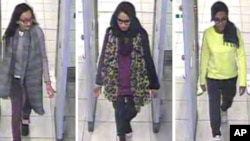 Kadiza Sultana, 16, kushoto, Shamima Begum,15, katikati 15-year-old Amira Abase, 15, walipokuwa wanapita uwanjwa wa ndege wa Gatwick, Uingereza