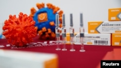 Sebuah pameran menunjukkan produk vaksin Sinovac Biotech di Beijing, China, 24 September 2020. (Foto: REUTERS/Thomas Peter)