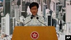 Hong Kong's Chief Executive Carrie Lam attends a press conference, Saturday, June 15, 2019, in Hong Kong.