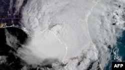 This image obtained from the National Oceanic and Atmospheric Administration (NOAA), shows Hurricane Idalia making landfall in Florida on August 30, 2023, at 12h01UTC.