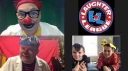 Jay Stewart, aka Doc Skeeter (top left) and Robb Preskins, aka Dr. Gonzo, (bottom left) try out the new Zoom setup with volunteers Zach and Lucas Marks. (Courtesy Jay Stewart)