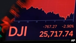 A screen above the floor of the New York Stock Exchange shows the closing number for the Dow Jones industrial average, Aug. 5, 2019. 